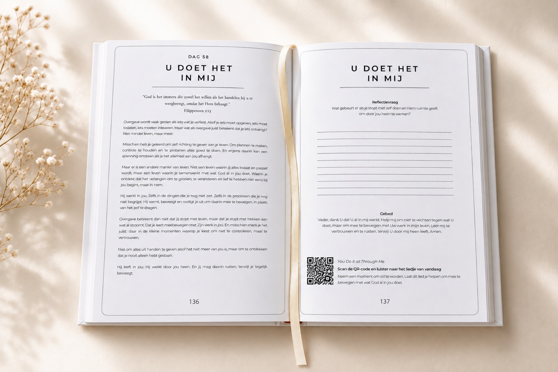 Spread uit het interactieve dagboek met overdenking, reflectievraag en gebed
