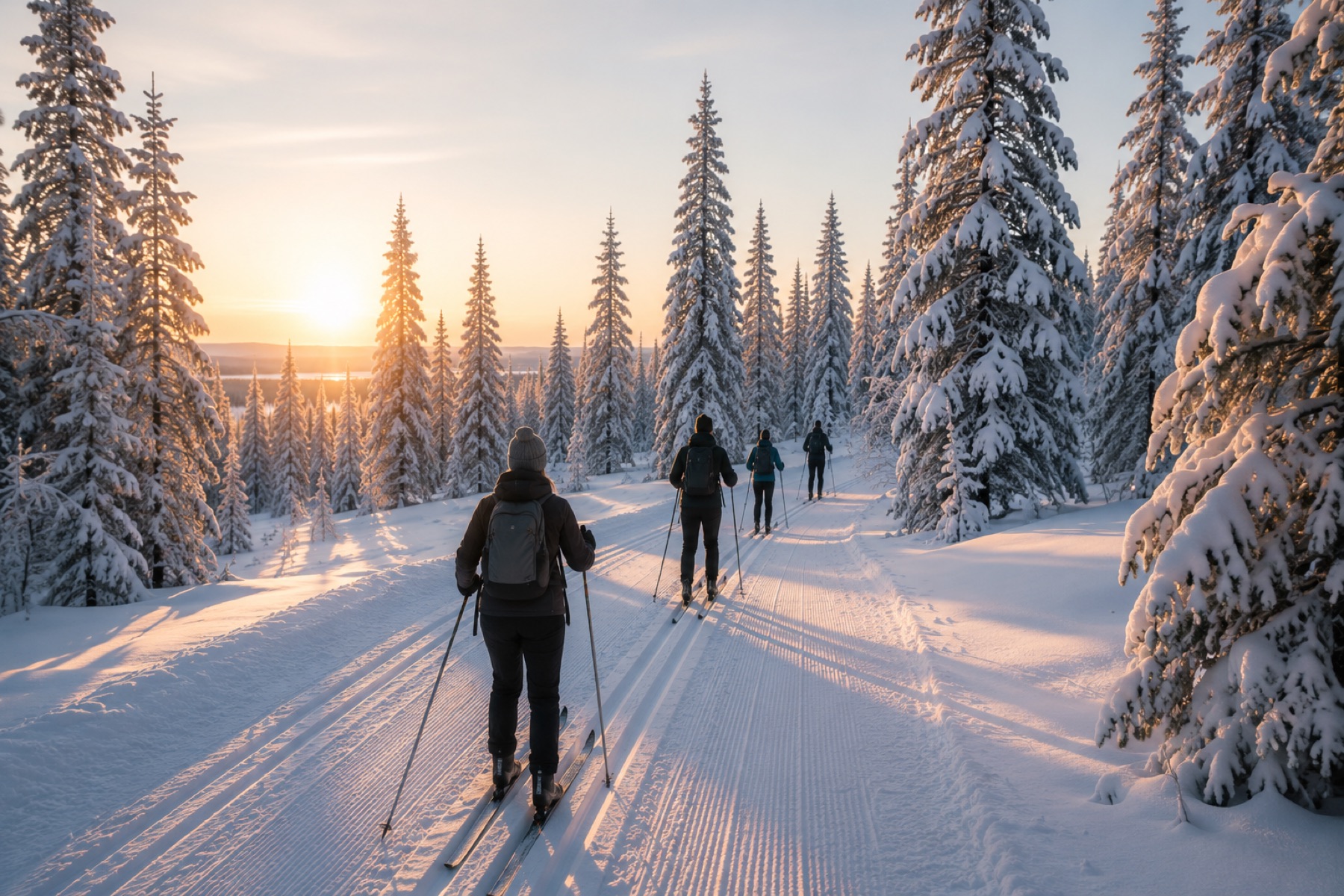 Langlaufen door besneeuwd Fins bos bij zonsondergang