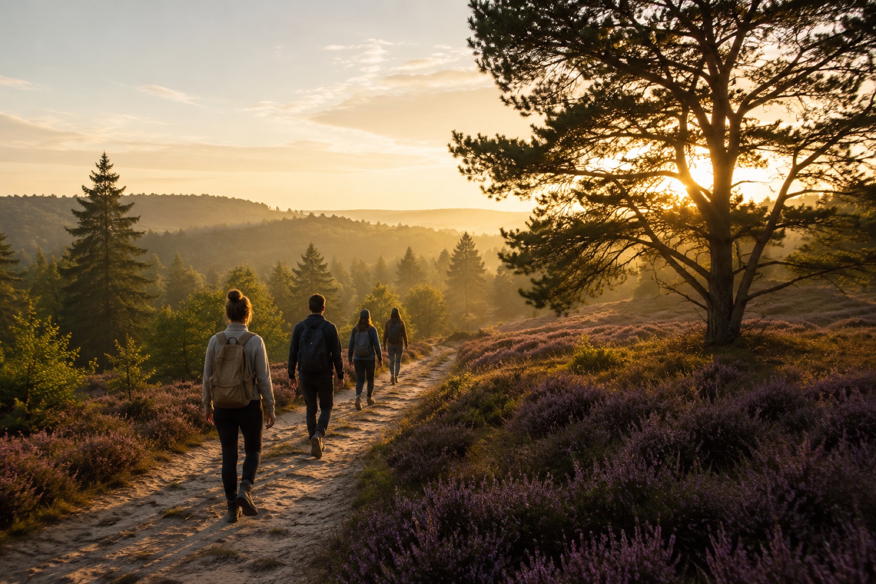 Mensen wandelen samen over een heidepad in het gouden avondlicht