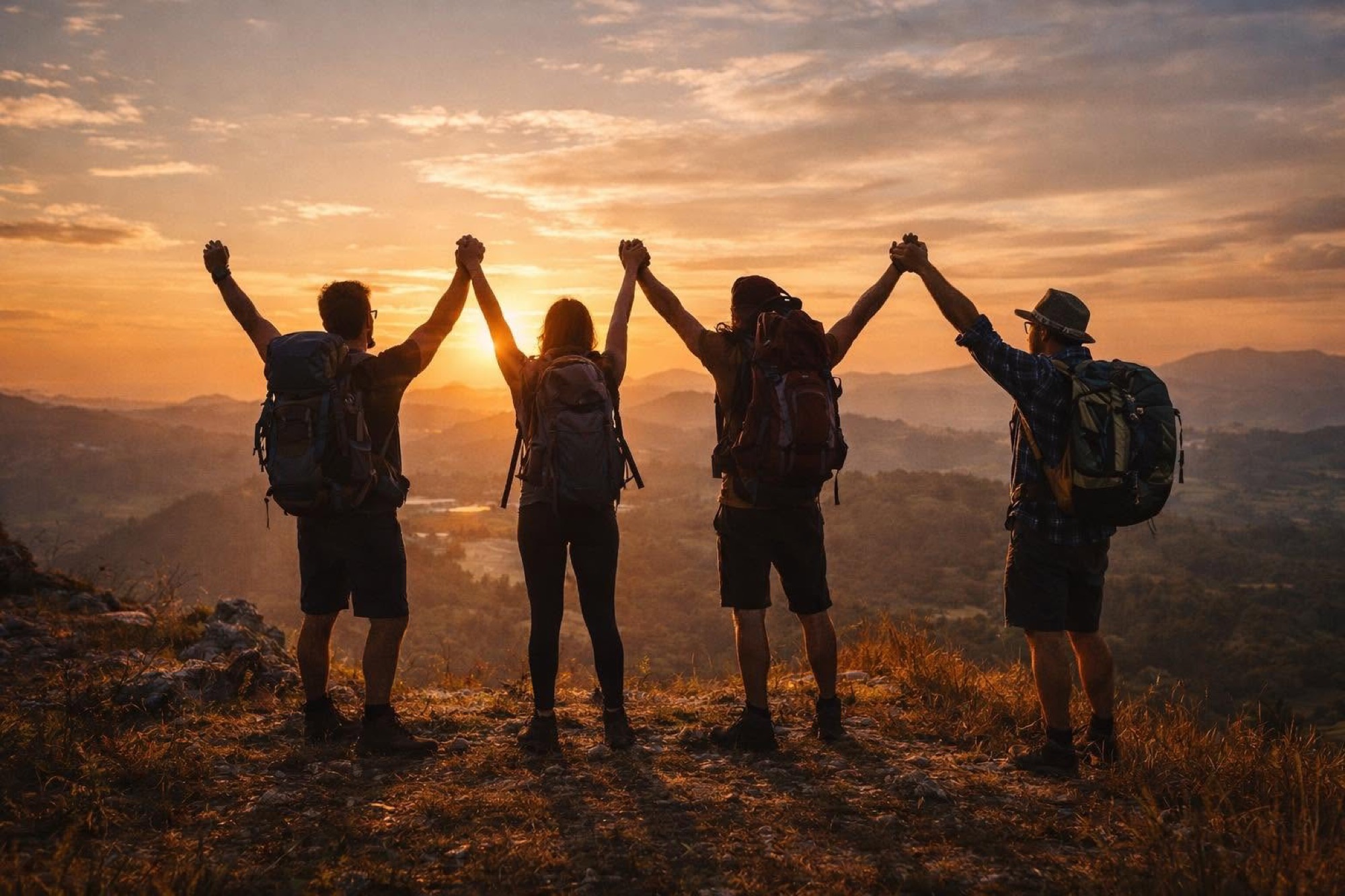 Een groep wandelaars met de armen omhoog bij zonsondergang in de bergen